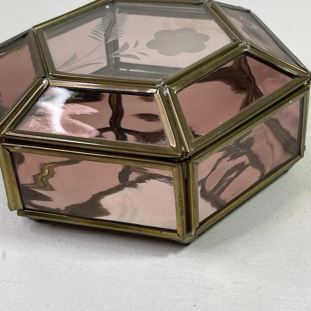 Vintage Purple Glass Jewelry Box Etched Flower Mirrored Brass Base Hexagon